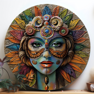 A round, highly detailed relief sculpture and wall plaque featuring the face of a mystical goddess with ornate tribal-inspired makeup, a decorative headdress made of colorful leaves and swirling patterns, and a vibrant multi-colored palette
