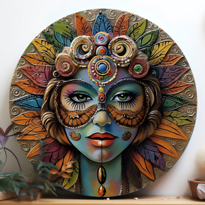 A round, highly detailed relief sculpture and wall plaque featuring the face of a mystical goddess with ornate tribal-inspired makeup, a decorative headdress made of colorful leaves and swirling patterns, and a vibrant multi-colored palette