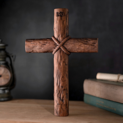Standing rustic wooden cross made of textured log-style timber tied with a carved rope at the intersection, featuring "INRI" carved at the top and set on a wooden surface next to vintage books and a clock