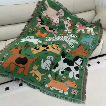A green woven throw blanket draped over a light-colored sofa, featuring a playful all-over illustration of various stylized cartoon dogs in different breeds, colors, and poses against a green background, finished with fringed edges