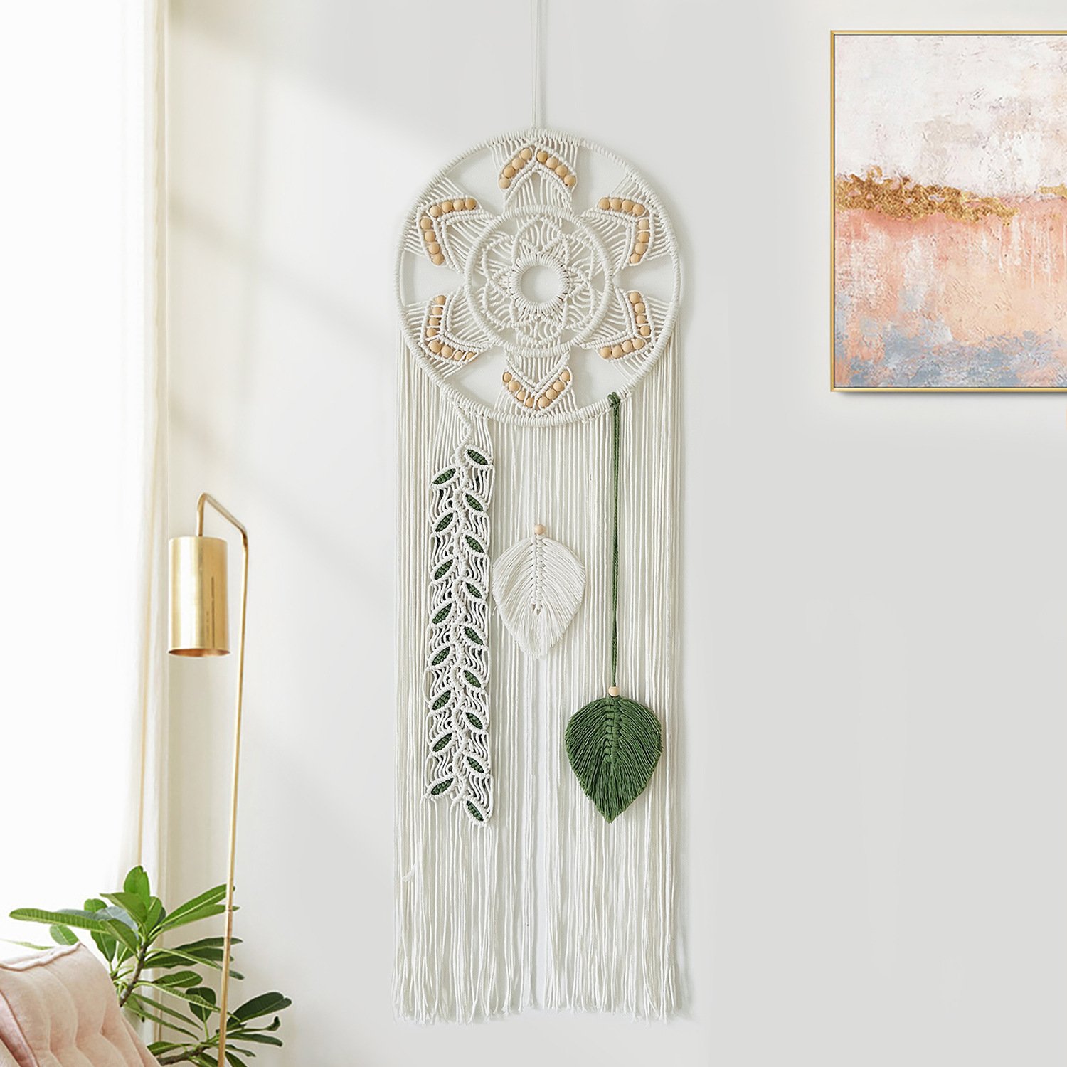 Wooden bead and cotton rope handmade woven tapestry, Nordic style lodge living room background wall, bedroom wall decoration - Image 2