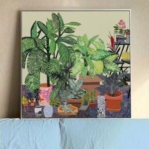 A square framed canvas print featuring a vibrant illustration of an indoor collection of various potted houseplants and tropical greenery in colorful pots against a pale background
