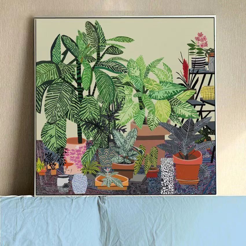 A square framed canvas print featuring a vibrant illustration of an indoor collection of various potted houseplants and tropical greenery in colorful pots against a pale background