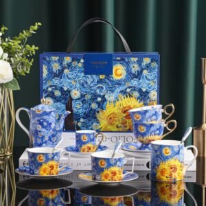 An exquisite porcelain tea and coffee set featuring vibrant Van Gogh-inspired Starry Night and Sunflower art patterns, displayed on a table alongside a matching gift bag, teapot, teacups with saucers, and spoons