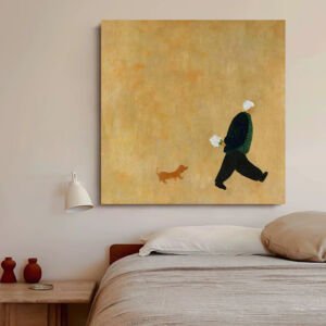 Large square canvas wall print featuring a stylized minimalist illustration of a man with a white hat walking a small dachshund dog on a warm textured ochre-yellow background above a bedroom headboard