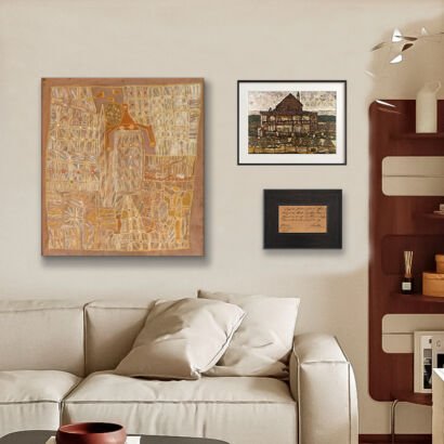 Gallery wall display above a beige sectional sofa featuring a large square warm yellow abstract artwork and two smaller black-framed prints on a neutral beige wall