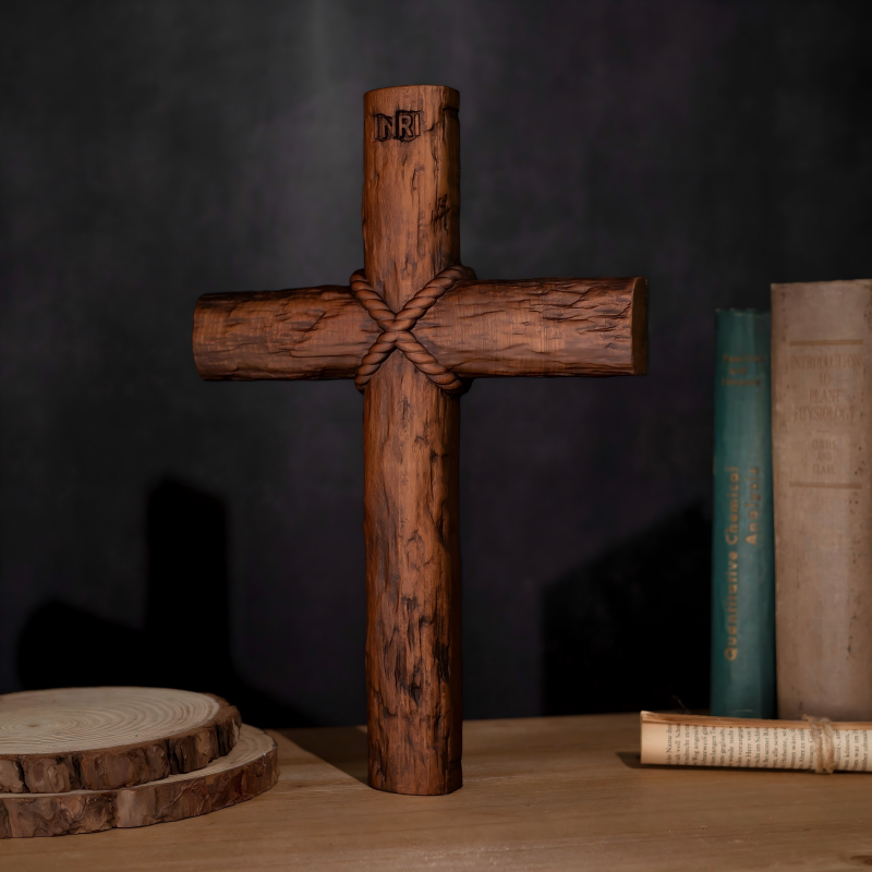Handcrafted INRI Wood Cross Rope Carving Religious Home Decor Gift - Image 2