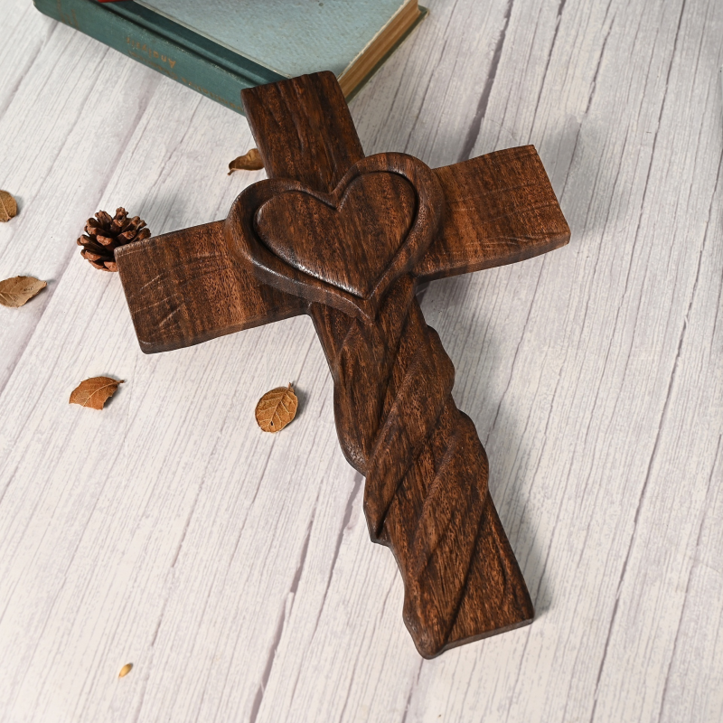Wooden Heart Cross Hand Carved Christian Wedding Anniversary Gift - Image 2