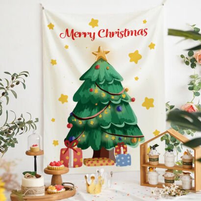 A vertical white holiday wall tapestry featuring an illustrated green Christmas tree decorated with ornaments, a star on top, wrapped gifts underneath, yellow stars scattered around, and the red text "Merry Christmas" at the top