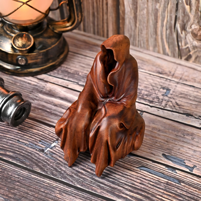 Hand Carved Wooden Faceless Reaper Statue, Gothic Tabletop Halloween Decor - Image 2