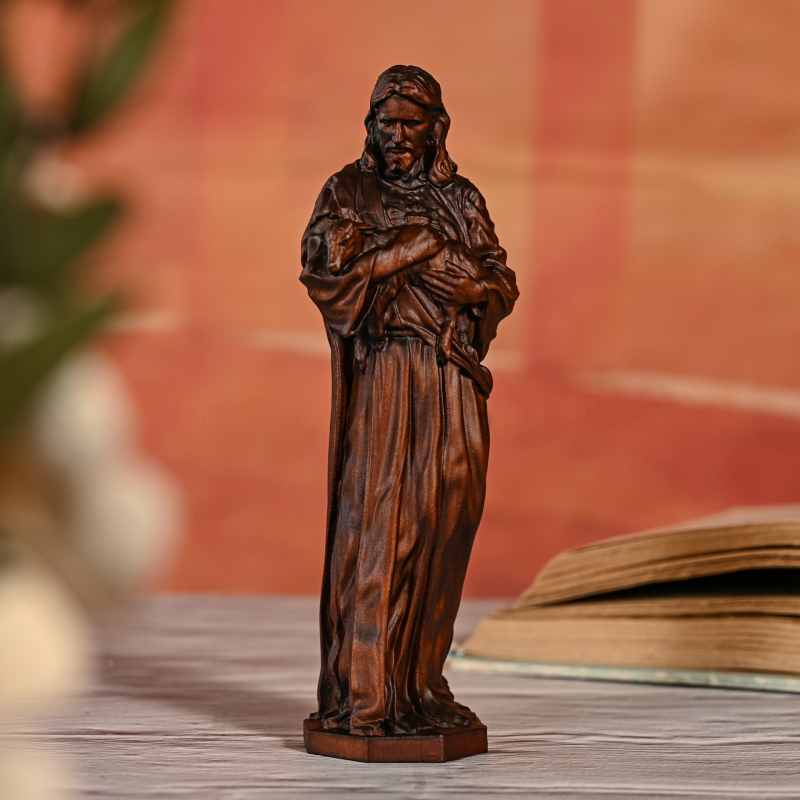 Hand Carved Good Shepherd Jesus Wood Statue Christian Home Decor - Image 2