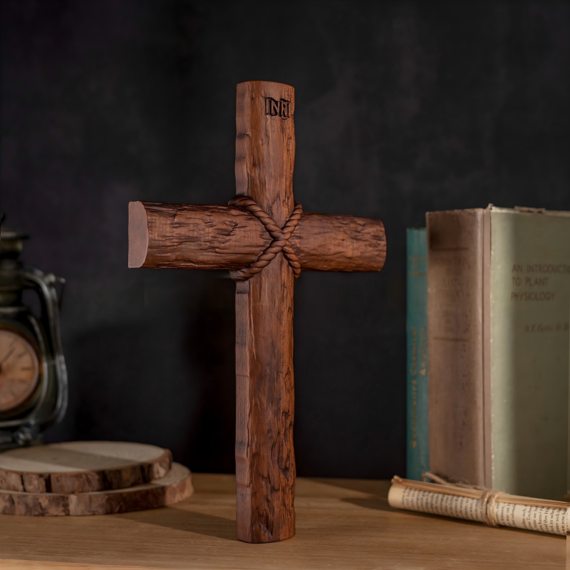 Handcrafted INRI Wood Cross Rope Carving Religious Home Decor Gift - Image 3