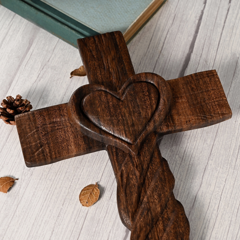 Wooden Heart Cross Hand Carved Christian Wedding Anniversary Gift - Image 3