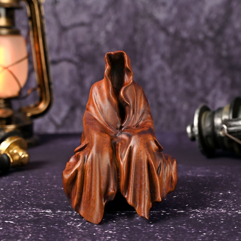 Hand Carved Wooden Faceless Reaper Statue, Gothic Tabletop Halloween Decor - Image 3