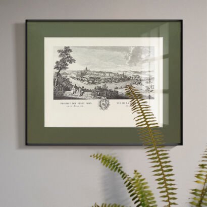 A framed black and white historical etching depicting an old European town landscape with a river and figures in the foreground, set against a white mat inside an olive-green frame, with a blurry green fern in the lower right foreground