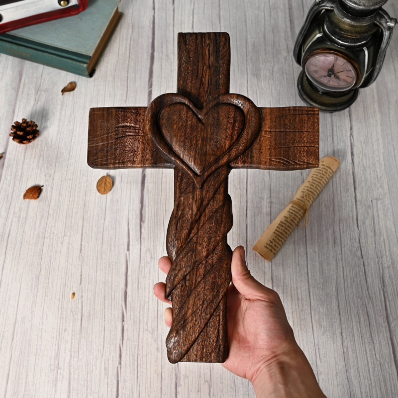 Wooden Heart Cross Hand Carved Christian Wedding Anniversary Gift - Image 4