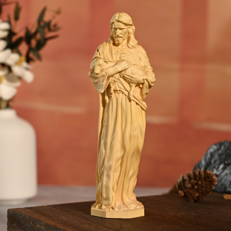 Hand Carved Good Shepherd Jesus Wood Statue Christian Home Decor - Image 3