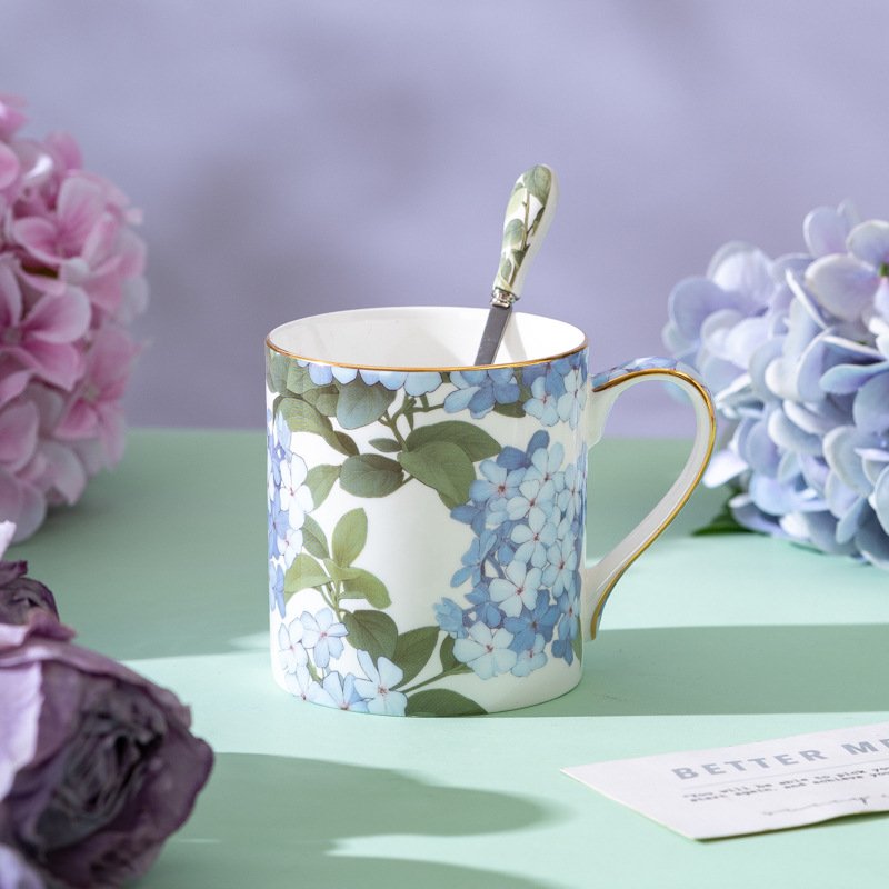 Botanical Bliss | Premium Fine Bone China Hydrangea Mug & Gilded Spoon Set - Endless Summer Floral Collection - Image 4