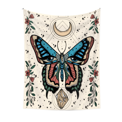 A vertical wall tapestry featuring a vintage-style illustration of a large butterfly with eye patterns on its wings, flanked by floral vines, a crescent moon above, and a crystal below on a cream background with stars