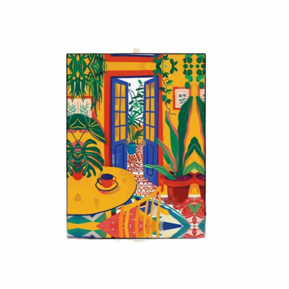 Colorful and vibrant canvas painting featuring an eclectic indoor room scene with yellow walls, a table with a coffee cup, potted plants, and blue double doors opening to an outdoor view