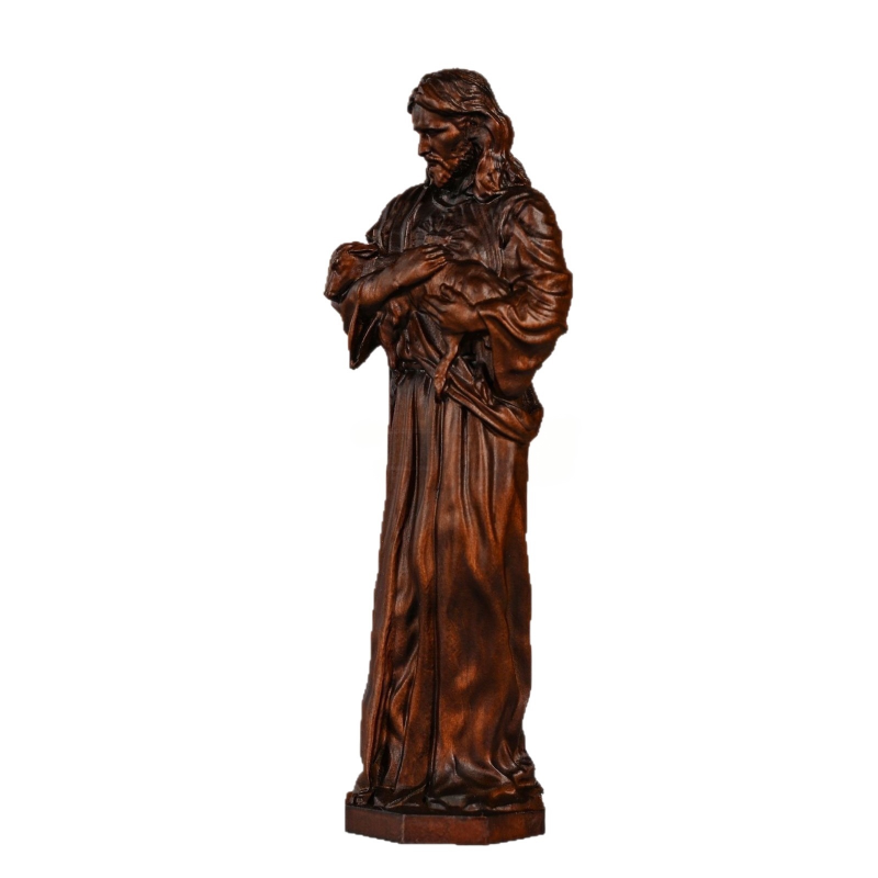 Hand Carved Good Shepherd Jesus Wood Statue Christian Home Decor - Image 4