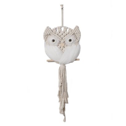 A handcrafted white macrame wall hanging shaped like an owl, featuring intricate woven knots, large round eyes, feathered wings, and a long cascading fringe tail perched on a small wooden stick