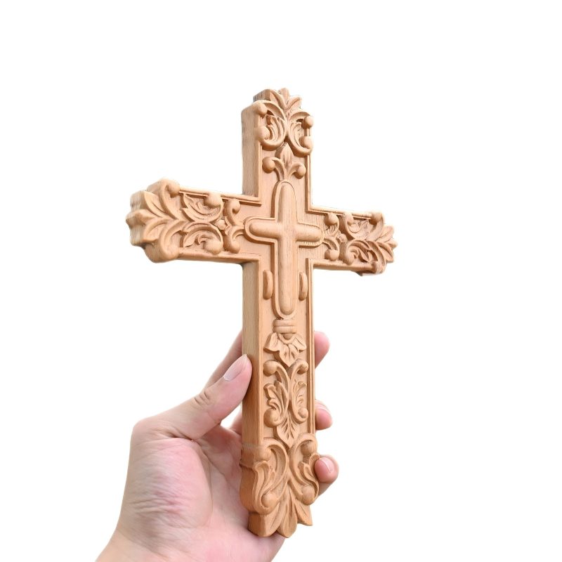Baroque Beechwood Hand Carved Wall Cross Catholic Religious Decor - Image 3