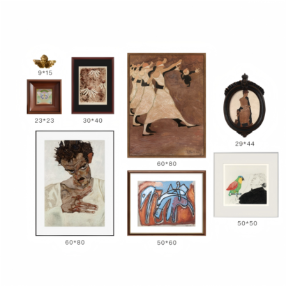 An eclectic gallery wall art collection set consisting of various framed classical oil paintings, figurative portrait art, abstract prints, a parrot illustration, an oval carved frame, and a gold angel cherub sculpture with dimensions listed in centimeters