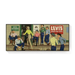 A wide horizontal framed art print featuring a vintage illustration of cowboys gathered outside a general merchandise store and a Levi's advertisement sign
