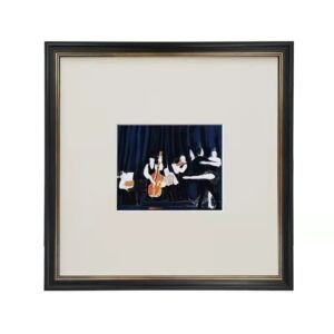 A square framed art print featuring a wide white mat and a black frame with gold inner trim, enclosing a small blue-toned illustration of a jazz band performing on stage with musicians and dancers