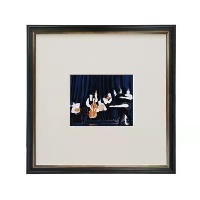 A square framed art print featuring a wide white mat and a black frame with gold inner trim, enclosing a small blue-toned illustration of a jazz band performing on stage with musicians and dancers