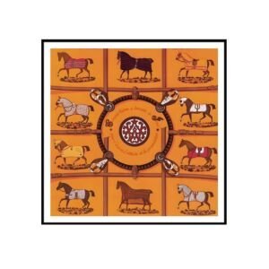 A square framed art print featuring an orange background with a central circular equestrian emblem surrounded by grid-like straps and various illustrations of horses in blankets, enclosed within a black frame
