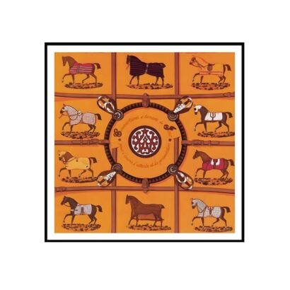 A square framed art print featuring an orange background with a central circular equestrian emblem surrounded by grid-like straps and various illustrations of horses in blankets, enclosed within a black frame