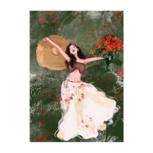 An illustrative vertical art print featuring a joyful woman in a white skirt holding a large hat and a bouquet of red flowers against a textured dark green background