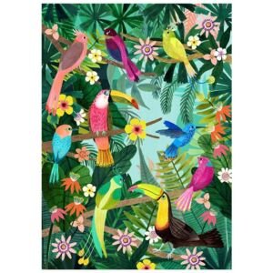 A colorful illustrative canvas print featuring a lush tropical jungle filled with various exotic birds including toucans, hummingbirds, and colorful parrots surrounded by green foliage and blooming flowers