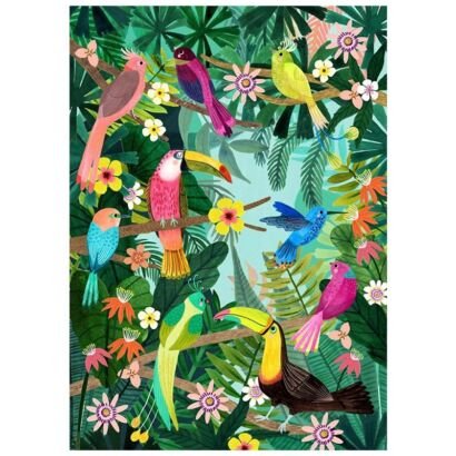 A colorful illustrative canvas print featuring a lush tropical jungle filled with various exotic birds including toucans, hummingbirds, and colorful parrots surrounded by green foliage and blooming flowers