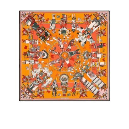 A square silk scarf featuring a vibrant orange background adorned with intricate, colorful illustrations of Native American Kachina figures, ceremonial dancers, and tribal patterns arranged in a symmetrical composition