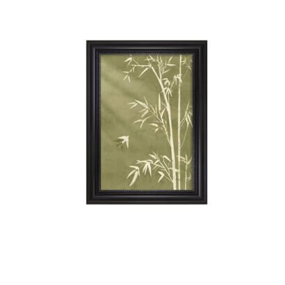 Framed botanical art print featuring pale bamboo stalks and leaves against a muted olive-green background with a flying bird silhouette, enclosed in a textured black stepped frame