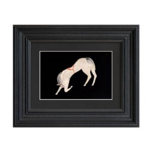 Framed artwork featuring a vintage-style painting of a light-colored horse bending down against a solid black background, enclosed in a thick, textured black stepped frame with a black mat