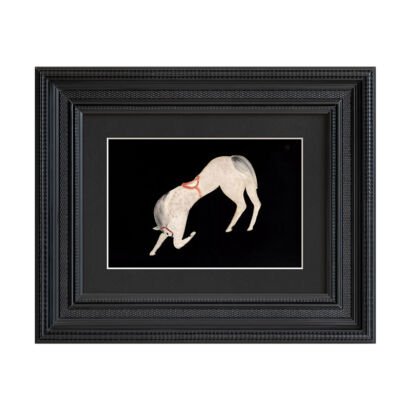 Framed artwork featuring a vintage-style painting of a light-colored horse bending down against a solid black background, enclosed in a thick, textured black stepped frame with a black mat