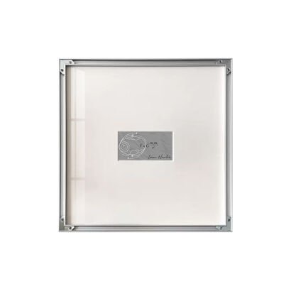 Framed square art print featuring a small grey central plaque with Isaac Newton’s law of universal gravitation equation, planetary orbit diagram, and signature set against a wide white mat in a silver frame