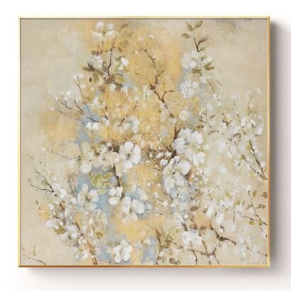 Square framed oil painting featuring delicate white cherry blossoms on branches set against a textured background of soft gold, warm beige, and subtle sky blue tones