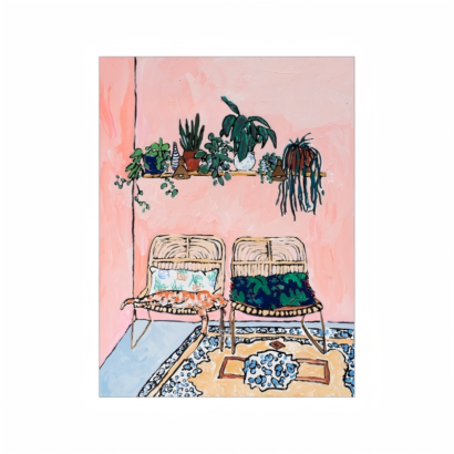 An illustrative wall art print featuring a cozy bohemian room with pink walls, two rattan chairs with patterned cushions, a shelf lined with various potted plants, and an ornate rug on the floor