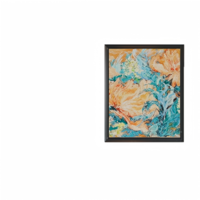A framed abstract oil painting print featuring swirling brushstrokes of peach, orange, turquoise, and white depicting an expressive floral arrangement, set inside a dark brown frame against a plain white background