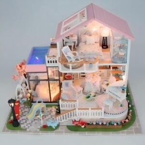 DIY miniature pink villa dollhouse kit, two-story duplex mansion with LED lights, swimming pool, slide and garden landscape