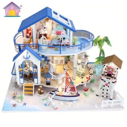 DIY miniature Mediterranean seaside villa dollhouse kit, blue and white two-story beach house with LED lights, sailboat, palm tree and lifeguard tower decor
