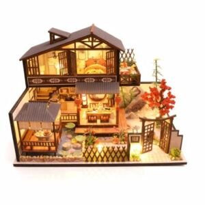 DIY miniature wooden dollhouse kit, two-story Chinese style courtyard villa with LED lights, koi pond, pavilion and garden landscape
