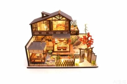 DIY miniature wooden dollhouse kit, two-story Chinese style courtyard villa with LED lights, koi pond, pavilion and garden landscape