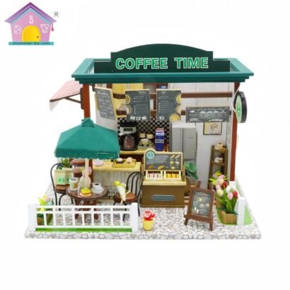 DIY miniature dollhouse kit, outdoor street coffee shop model with LED lights, "COFFEE TIME" signage, patio seating and miniature coffee equipment