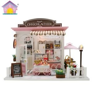 DIY miniature dollhouse kit, European style chocolate shop storefront model with LED lights, pink cream candy-colored facade and outdoor display cart